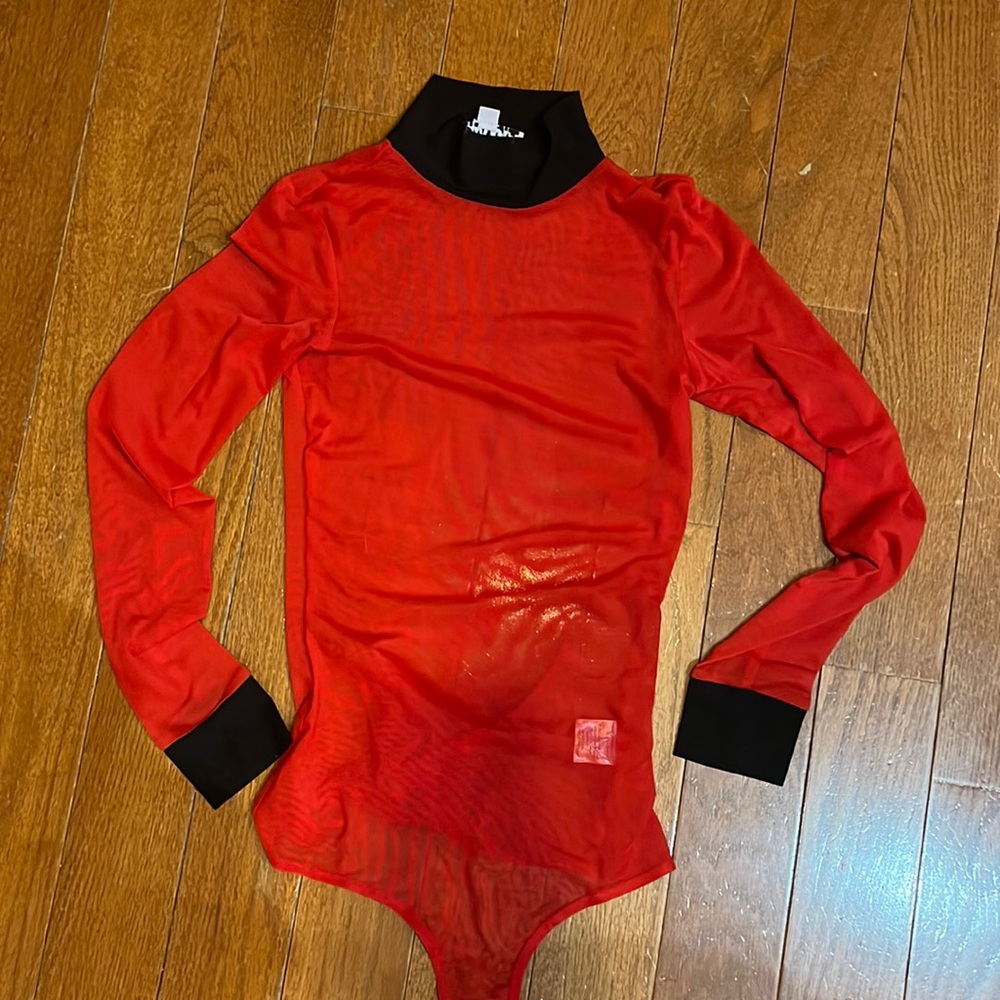 I AM GIA XS red mesh body suit with black trim